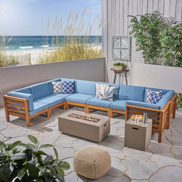 Oana Outdoor U-shaped 8-seat Acacia Sectional Sofa Set w/ Fire Pit