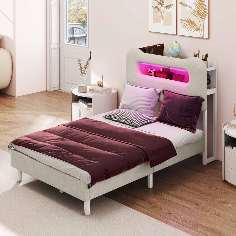 Storage Upholstered Platform Bed with LED Lighting Included - Beige - Twin