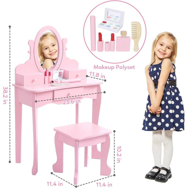 Girls Makeup Vanity Table Set with Stool, Dressup Playset