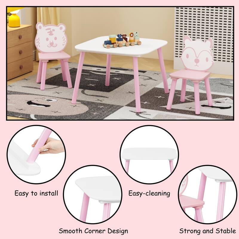 Anmytek Toddler 3-Piece Wooden Table and Chair Set Kids Activity Desk with Animal Backrest for Playroom Nursery