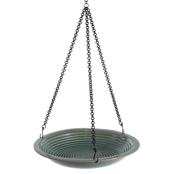 30” Jade Green Ceramic Porcelain Hanging Bird Bath with Chain - N/A