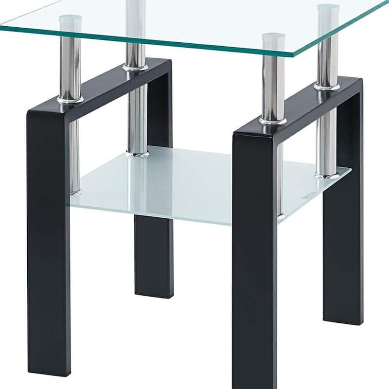HomeRoots Set of Two Clear and Black Glass and Metal Square End Tables With Shelf - 17.71 in. x 20.47 in. x 17.71 in.