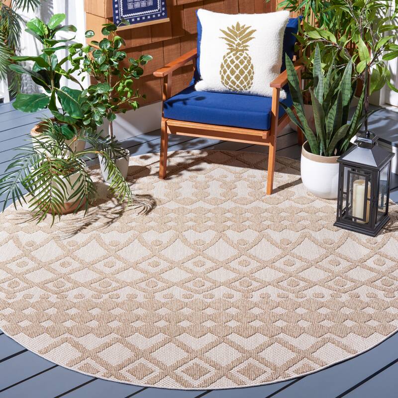 SAFAVIEH Global Aparicio Indoor/ Outdoor Moroccan Boho Rug - 6'7" Round - Beige/Brown