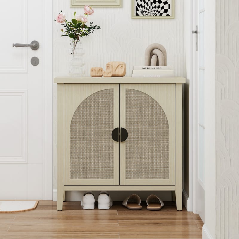 Roomfitters Rattan 2 Door Storage Cabinet, Accent Sideboard Buffet Cabinet with Adjustable Shelves, Natural