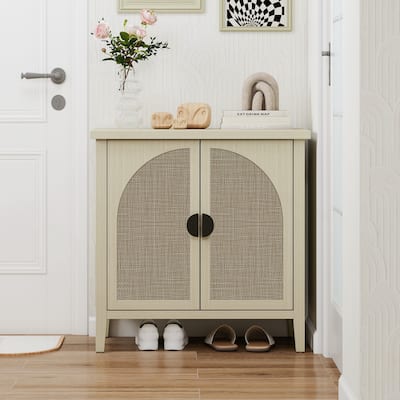 Roomfitters Rattan 2 Door Storage Cabinet, Accent Sideboard Buffet Cabinet with Adjustable Shelves, Natural