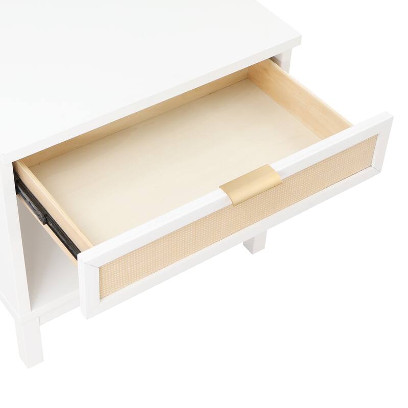 Single Drawer Nightstand with Cane Front and Gold Pull Open Shelf Coastal