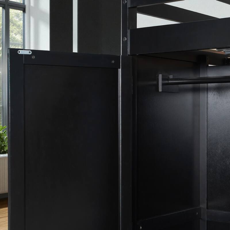 Full Size Loft Bed with Wardrobe, Desk, Shelves, Blackout Curtains & RGB Lights, Workstation with USB Port