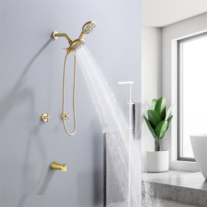 Wall Mount Tub and Shower Faucet with Hand Shower Brass Dual Head Complete Wall Mounted Shower System with Valve