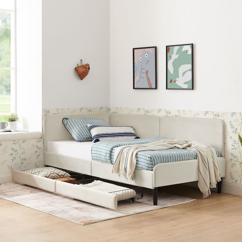 Roomfitters Twin/Full Upholstered Platform Bed with Side Backrest and Underbed Storage Trundle - Beige - Twin