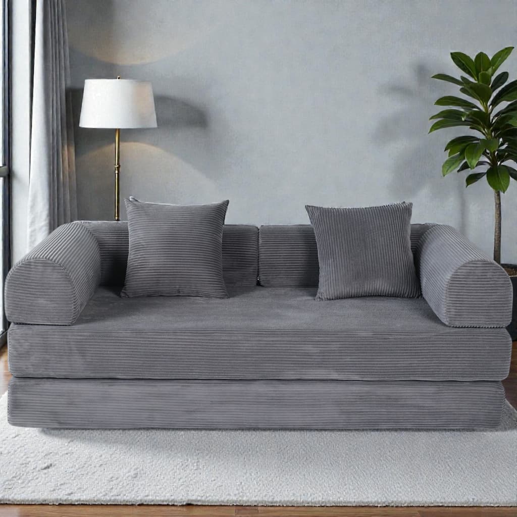 2 in 1 Foldable Sofa Bed, 75 Inch Boneless Convertible Sleeper Couch, Memory Foam Faux Fur Upholstered Floor Sofa