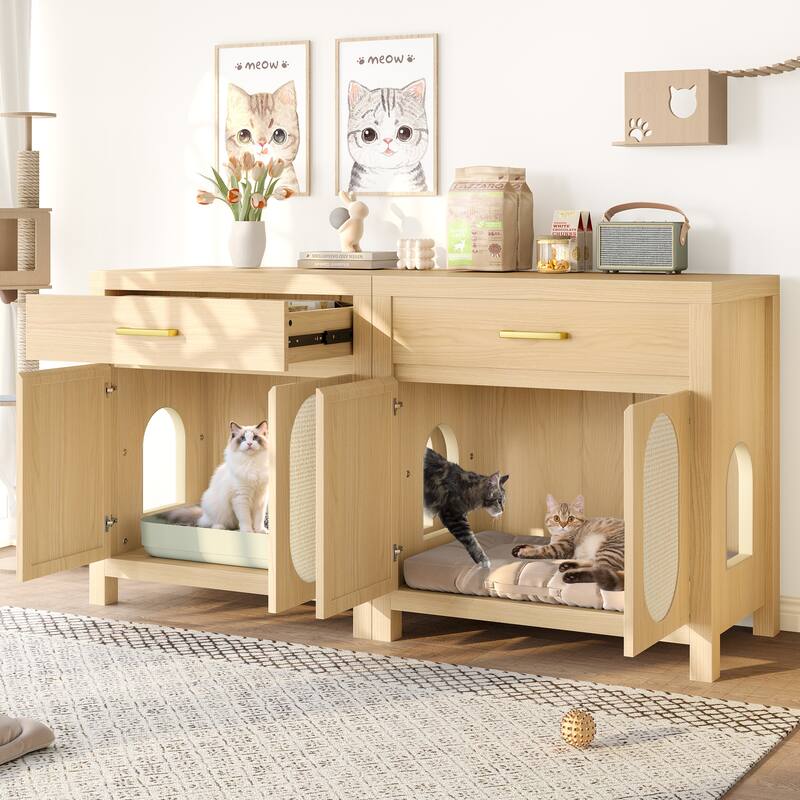 Cat Litter Box Enclosure, Hidden Cat Litter Box Furniture with Scratching Board Doors and Storage Drawer