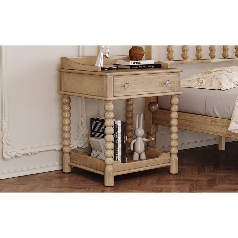 Retro Style Nightstand with Drawer & Open Shelf - Turned Legs Bedside Table with Metal Handle (Natural)