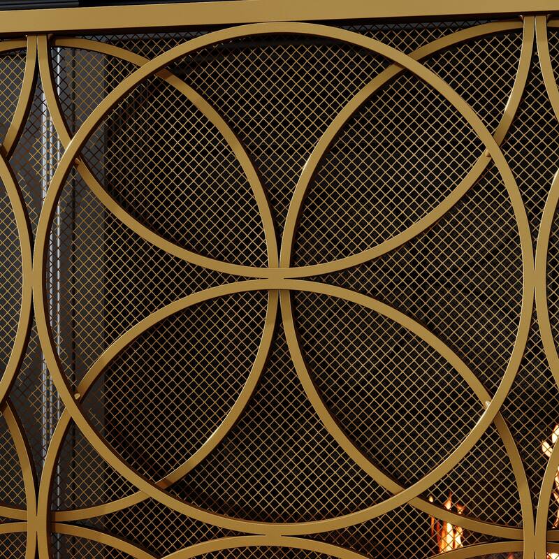 Gold Metal Fireplace Screen, Decorative Single Panel Fire Screen with Geometric Design, Mesh Spark Guard