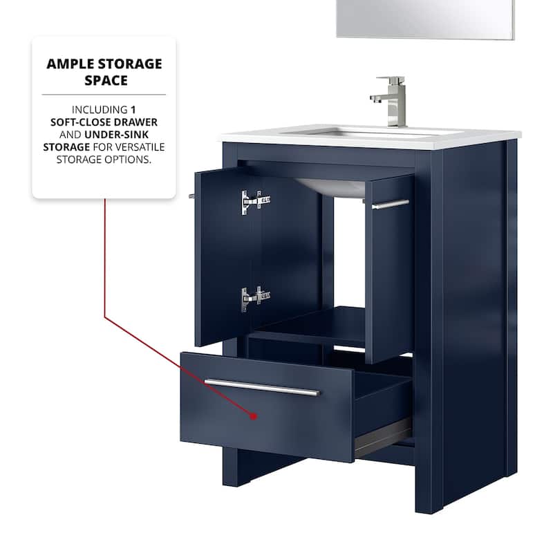 24 in. Navy Blue Vanity with Cultured Marble Top, Rose Gold Faucet, and 18 in. Mirror - Bathroom Cabinet with Soft-Close Doors