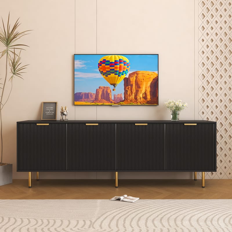 Modern TV Cabinet with 4 Doors for 80 inch TV for Living Room Bedroom - Black