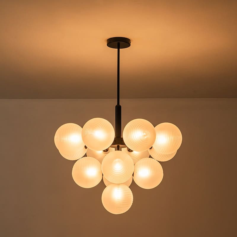 Modern Mid-century Brass Frosted Ribbed Glass Glass Bubble Chandelier