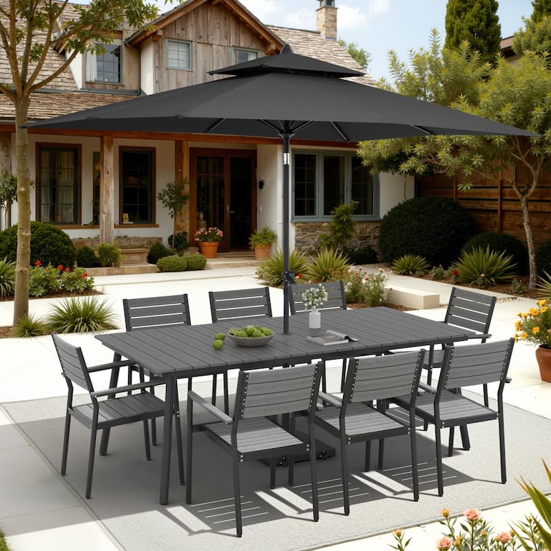 11-Piece Outdoor Dining Set 8 Stackable Chairs and Aluminum Table w/ 10 ft Umbrella and Base Stand - Grey Table with Black Umbrella