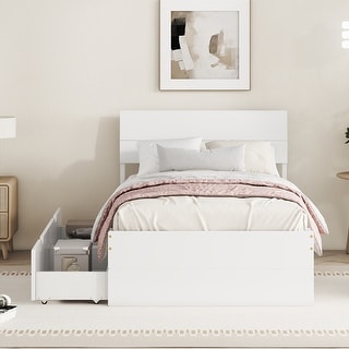Twin Size Wood Bed Frame with Drawers, Wooden Platform Bed Frame with Headboard and 2 Storage Drawers, for Kids Teens Adults