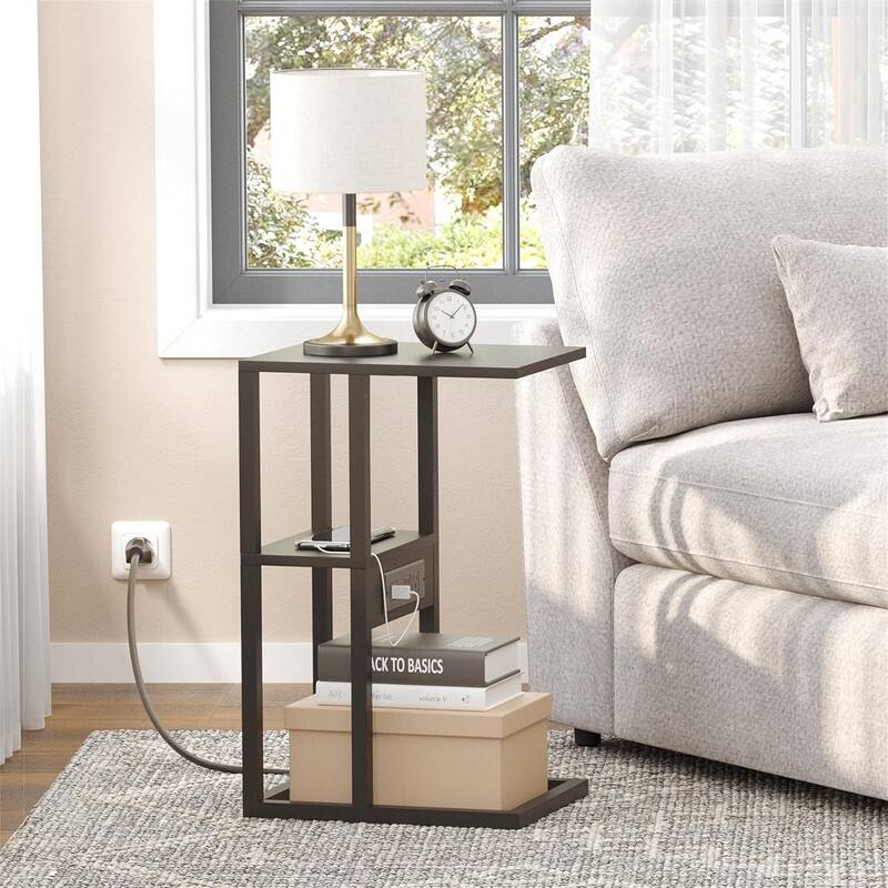 C Shaped End Table with Charging Station - 11.8"D x 15.4"W x 23.4"H
