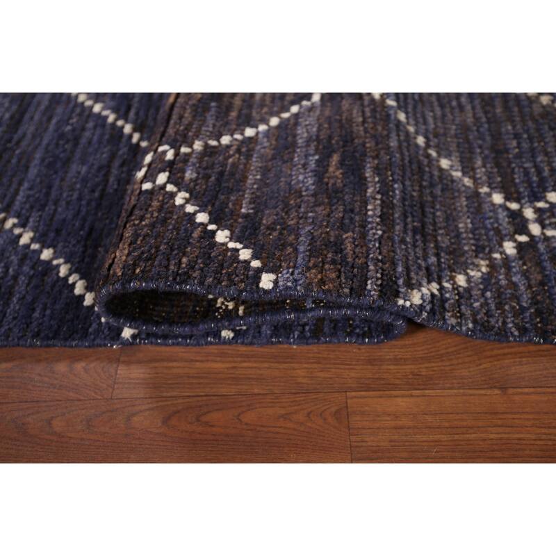 Navy Blue Trellis Moroccan Area Rug Hand-Knotted Wool Carpet - 6'9"x 10'5"