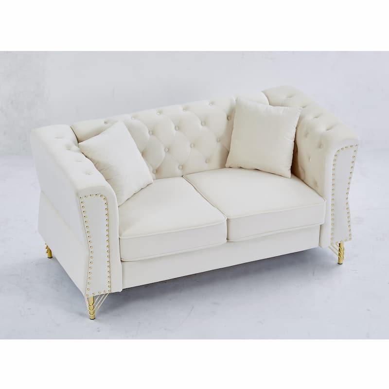 60.2" Chesterfield Velvet Sofa, 2-Seater Tufted Couch with Nailhead Trim and Metal Legs, Ideal for Living Room