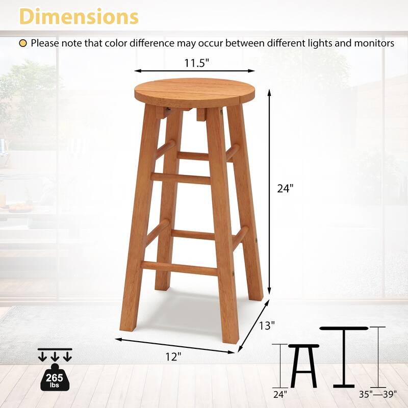 Gymax 24-Inch Outdoor Wood Bar Stools Set of 2 w/ Round Seat Footrest
