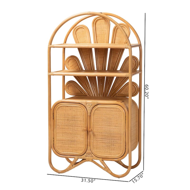 Noreen Peacock Fan Natural Rattan Cabinet - Handcrafted Rattan Pole Hutch with Woven Doors and Shelves, Boho Coastal Accent