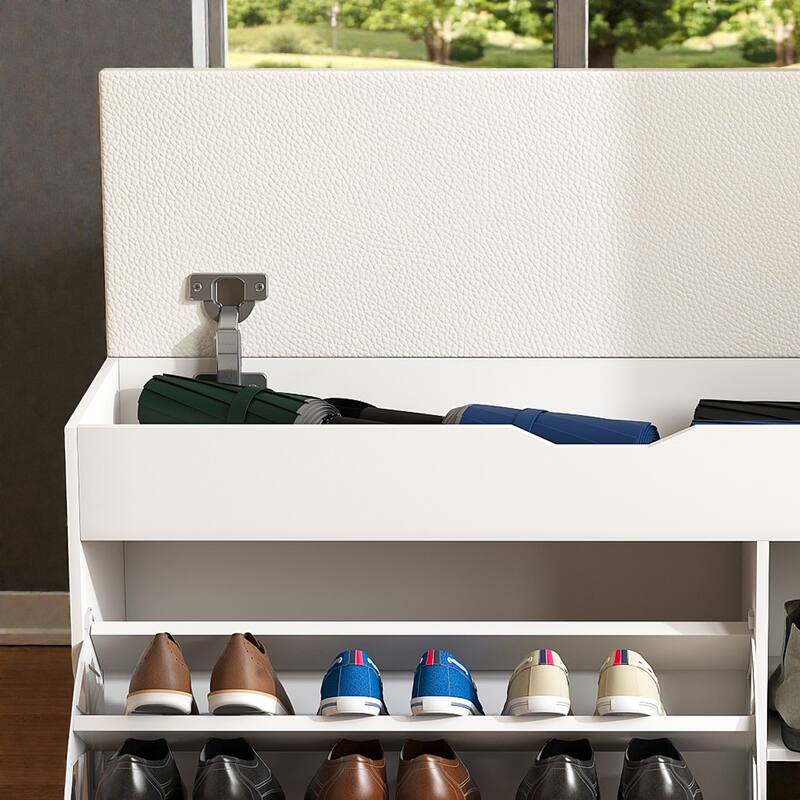 Entryway Bench with Rotating Shoe Storage, Lift-Top Cabinet & 3-Tier Flip-Up Drawers, Space-Saving Organizer for Hallway