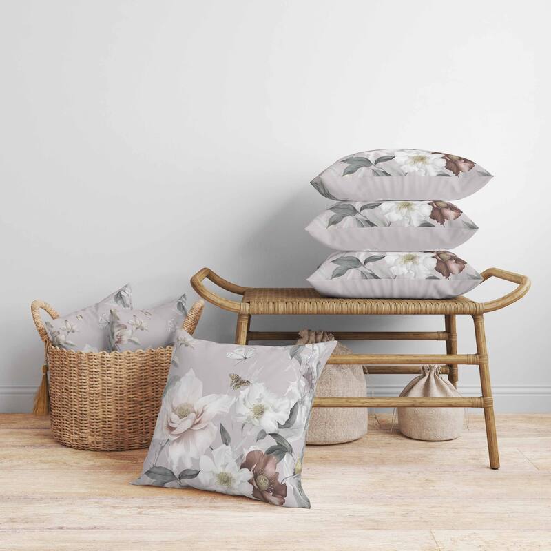 Leafy Lepidoptera Medley Faux Suede Reversible Throw Pillow White and Silver