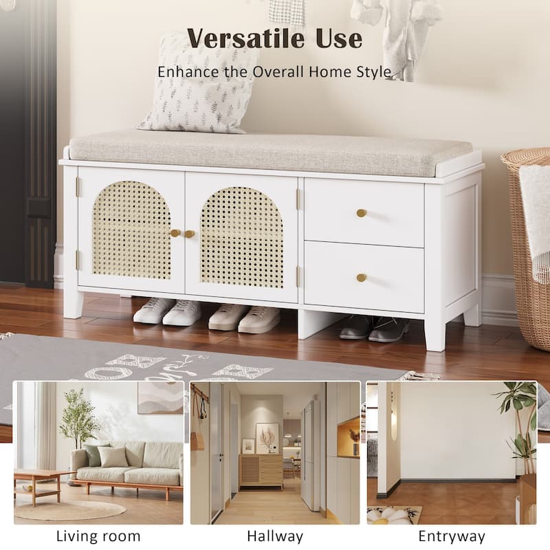 Wood Frame Bench with Shoe Storage, Shoe Bench with Rattan Arched Door and 2 Drawers Entryway Fabric Upholstered Bench