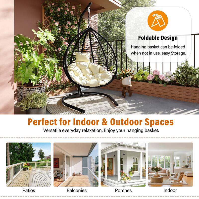 Indoor Outdoor Hanging Hammock Chair with Stand, Rattan Egg Swing Chair with Plush Cushion and Removable Headrest