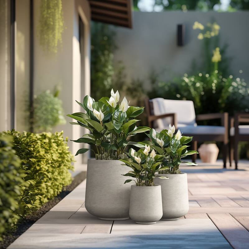 Tall Concrete Round Plant Pots / Large Indoor and Outdoor flower Planters - 3 Piece Set (15.5, 12, 8.5 Inch Diameter) - Light Gray