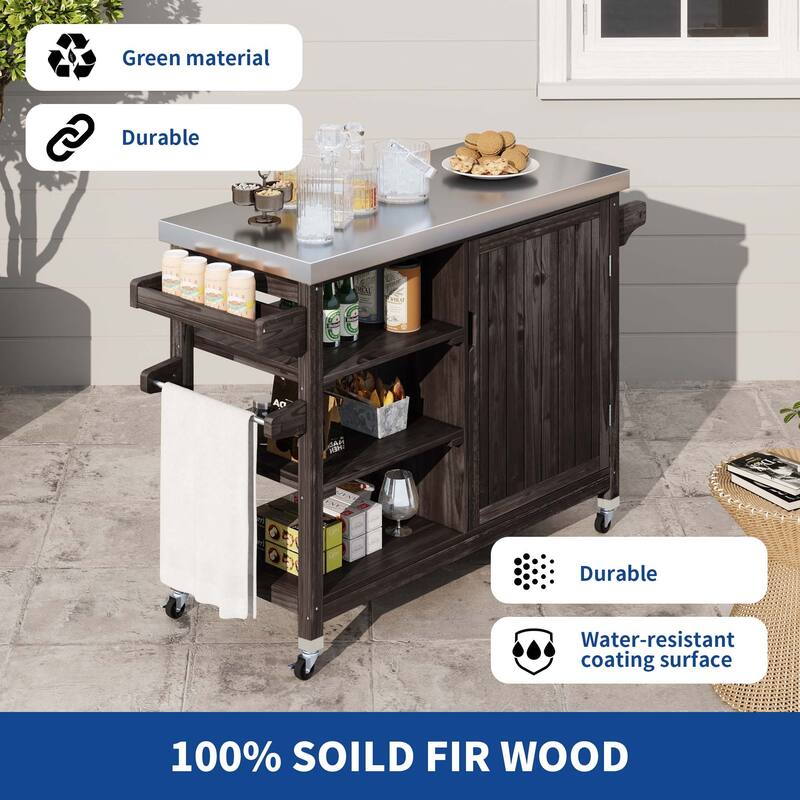 Moasis Outdoor Kitchen Island Rolling Trolley Cart with Stainless Steel Tabletop