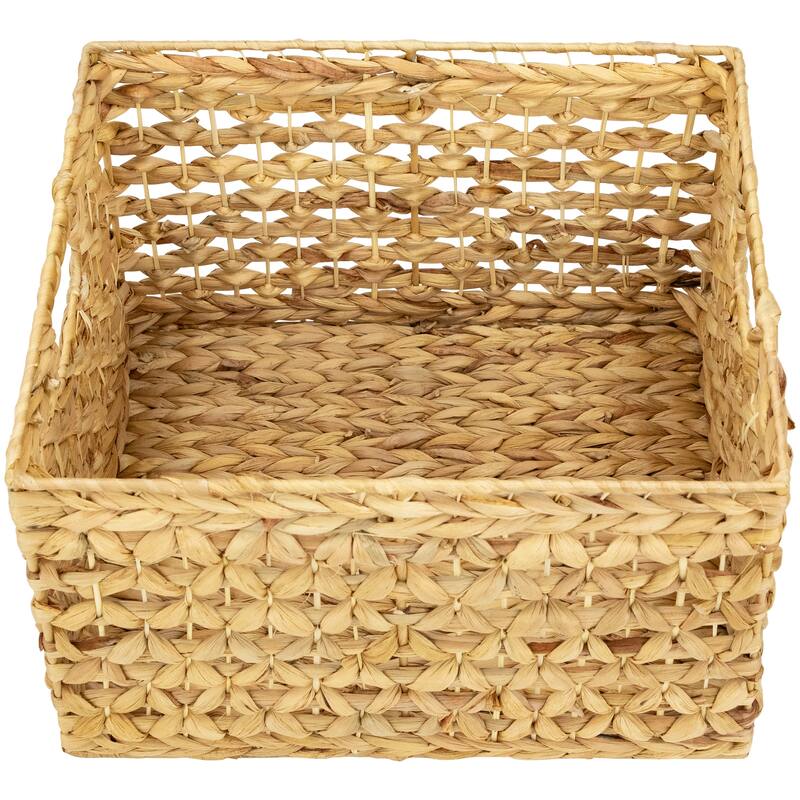 Set of 3 Diamond Weave Rectangular Water Hyacinth Baskets with Handles 17.75" - 15.5
