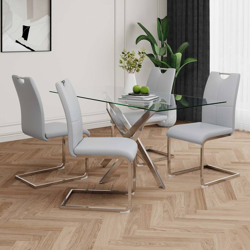 PU Dining Chair Living Room Chair with Silver Leg(Set of 4)
