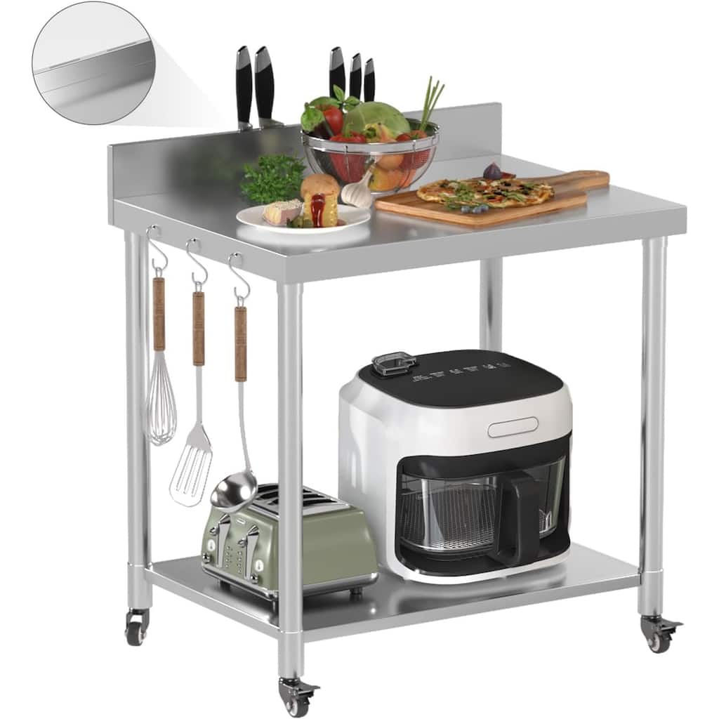 AECOJOY Stainless Steel Table with Wheels, Backsplash and Knife Blocks Prep Tables for Kitchen Steel Countertop Workbench