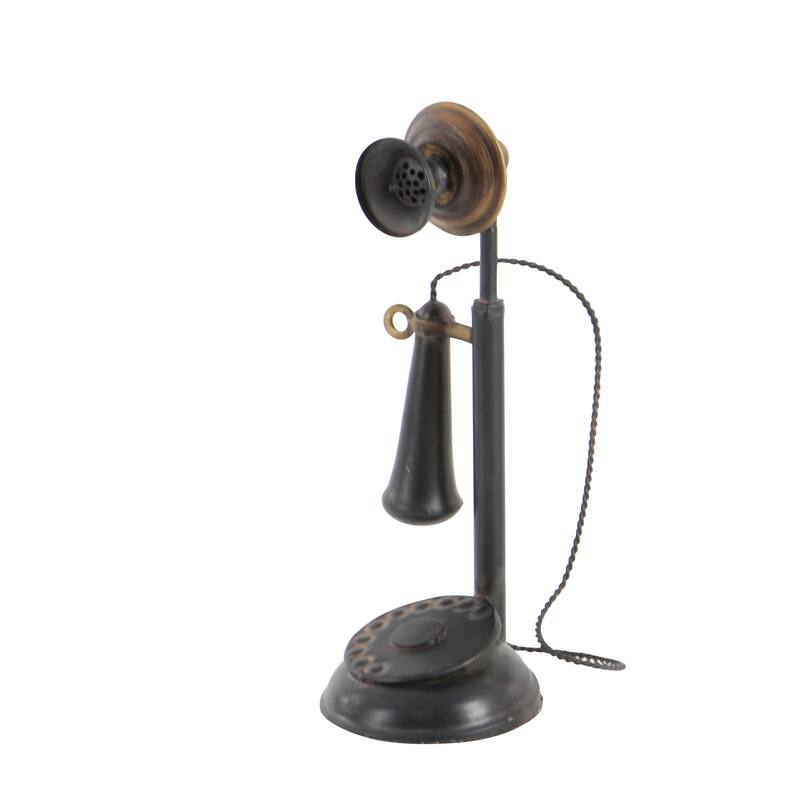 Black Metal Decorative Vintage Style Telephone Decorative Sculpture with Tiered Base and Coil Wire Detailing