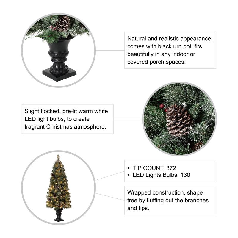 Glitzhome 4ft/5ft/6ft Flocked Pine Christmas Potted Porch Tree With Warm White Lights