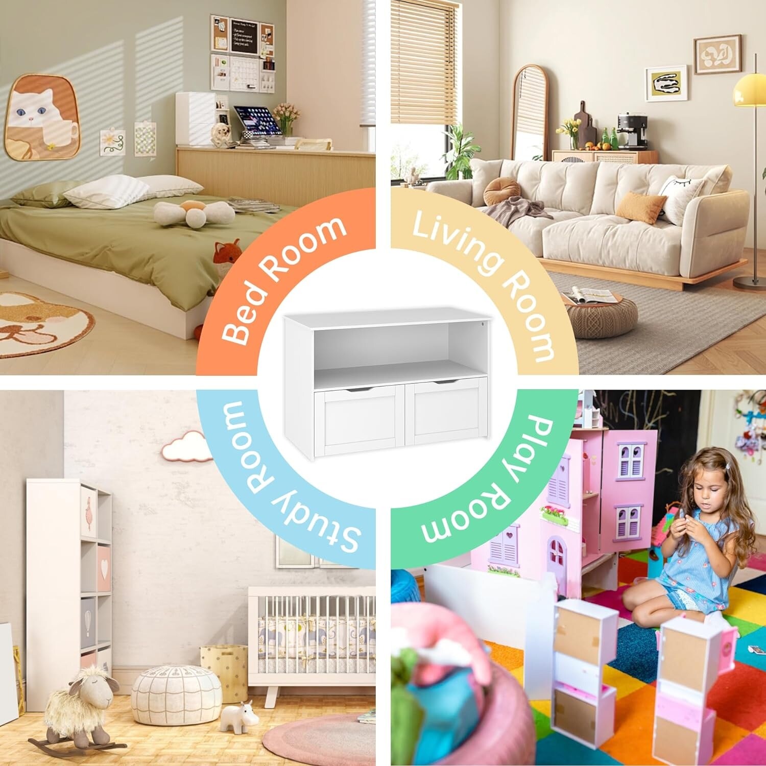 Toy Storage Organizer with 2 Movable Drawers Kids Bookshelf Storage Chest for Nursery Playroom and Bedroom N A White