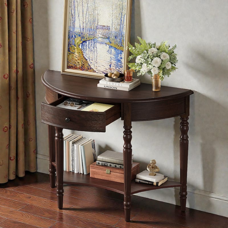 Farmhouse Half Moon Console Table with Drawer and Shelf, Rustic Solid Wood Entryway Sofa Table