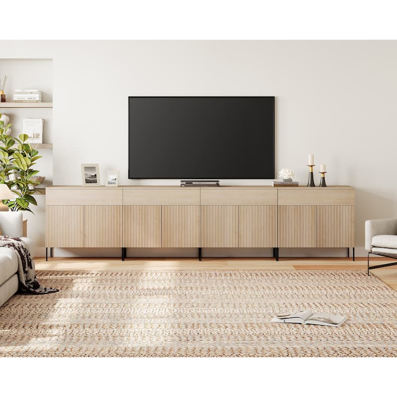 31.5" Modern Reeded TV Stand With Doors, Entertainment Center With Shelf, Wooden TV Console - 4PCS - Beige