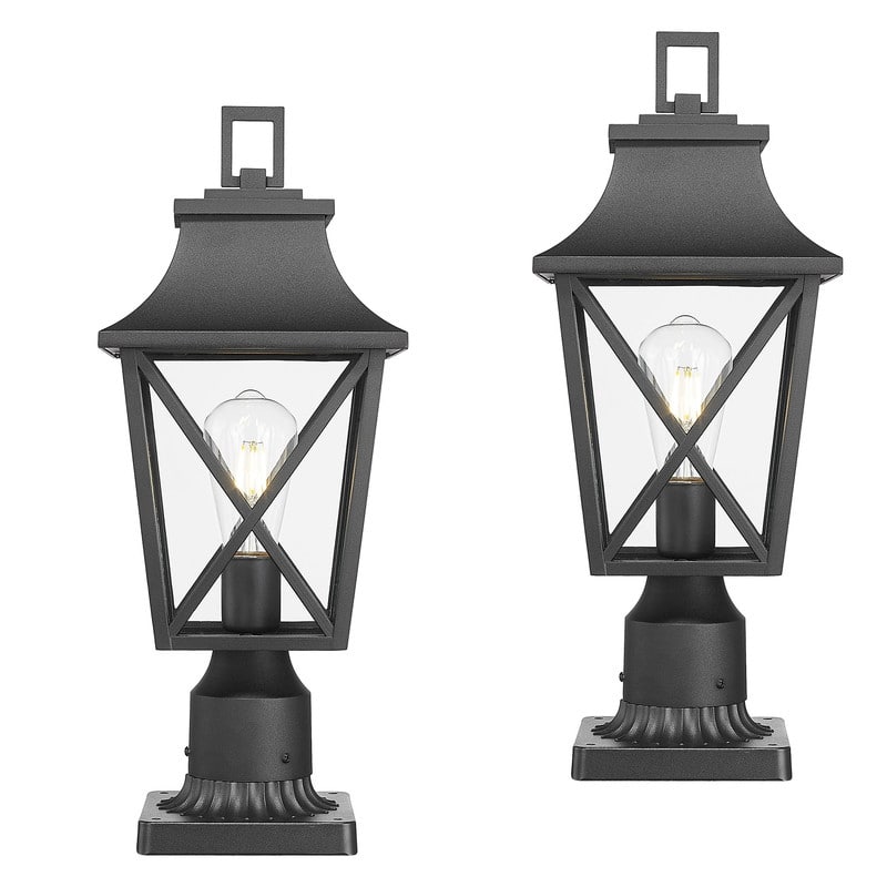Black Outdoor Post Lights (2-Pack) - Hardwired Lantern Fixtures with Glass & Pier Base for Garden, Patio, and Pathway Lighting - Black