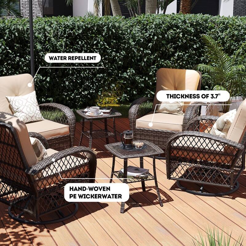 Patio Watcher 6-Piece Brown Wicker 360-Degree Patio Conversation Outdoor Rocking Chair Set with Cushions