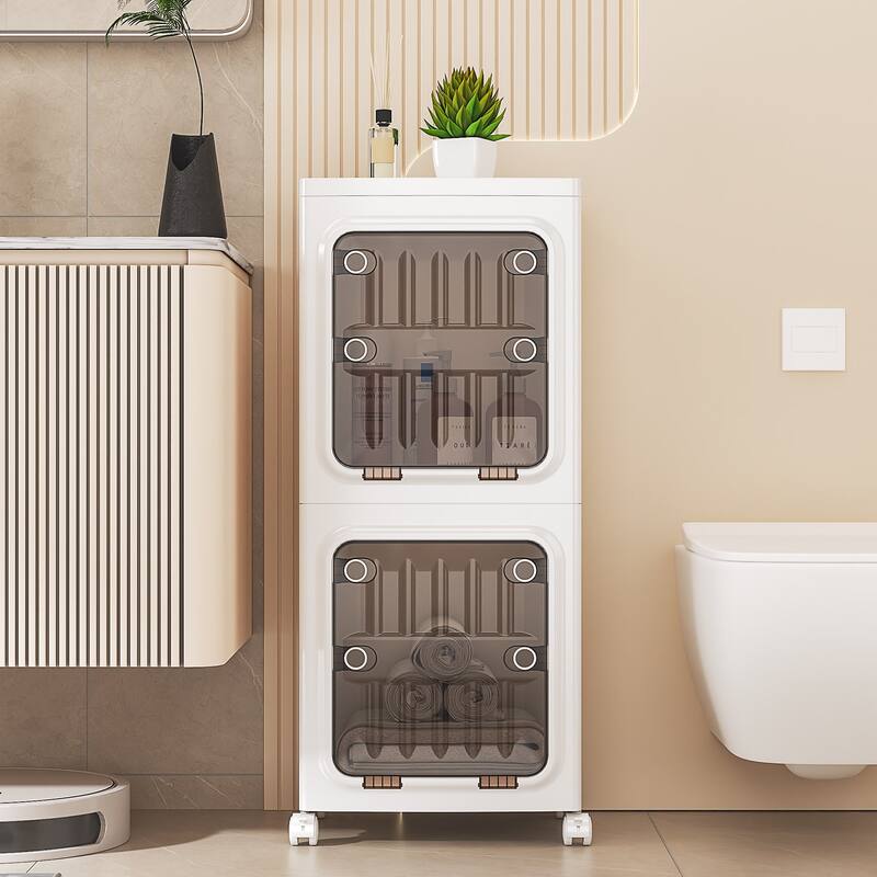 Javlergo 2-Tier White Foldable Stackable Narrow Storage Bins ABS Waterproof Storage Cabinet for Living Room Bedroom Bathroom