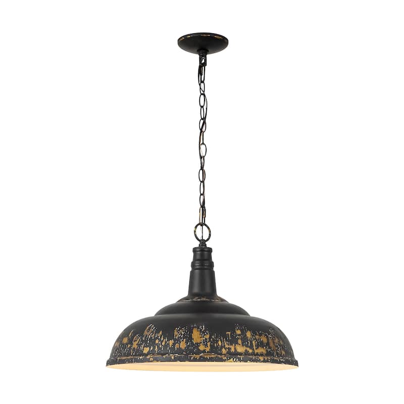 17.7" 1-Light Farmhouse Industrial Black and Gold Distressed Metal Dome Pendant Light with Adjustable Chain