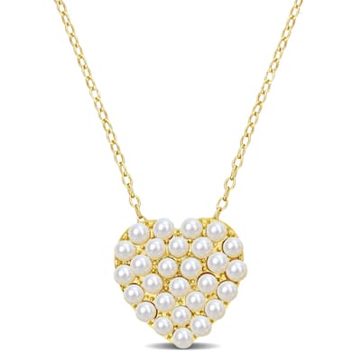 Miadora 2-2.5mm Cultured Freshwater Pearl Trendy Heart Pendant Chain in Yellow Silver