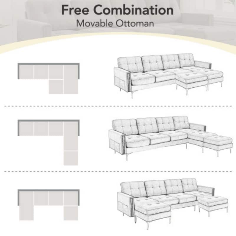 U-Shape Convertible Sectional Sofa with Movable Ottoman and Gold Metal Legs
