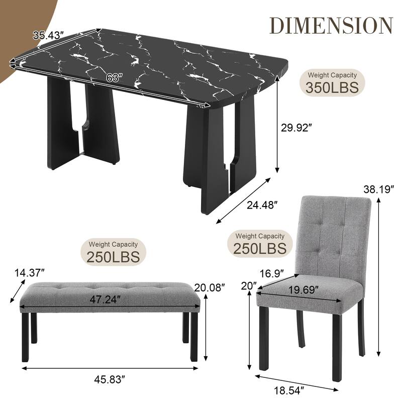 Dining Table Set for 6, Faux Marble Table with 4 Upholstered Chairs & Bench, 6-Piece Modern Kitchen Table Chairs Set
