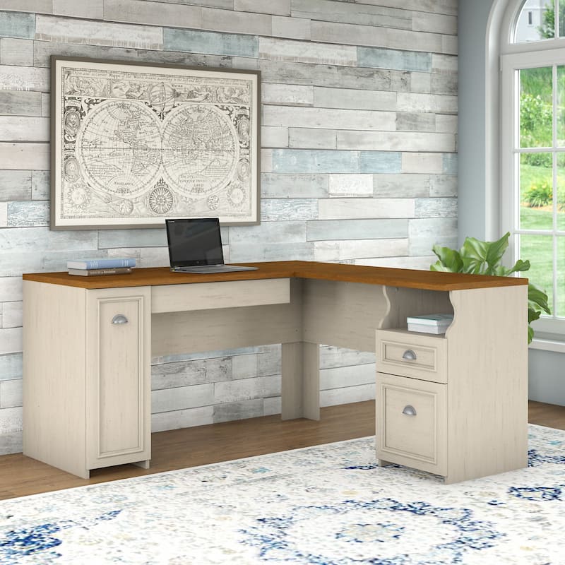 Fairview 60W L Shaped Desk with Drawers and Storage by Bush Furniture - Antique White/Tea Maple