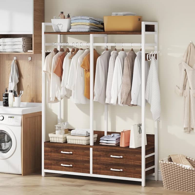 47.2" W Freestanding Closet Organizer for Hanging Clothes, Heavy Duty Garment Rack with 4 Drawers, 8 Hooks and Storage Shelves